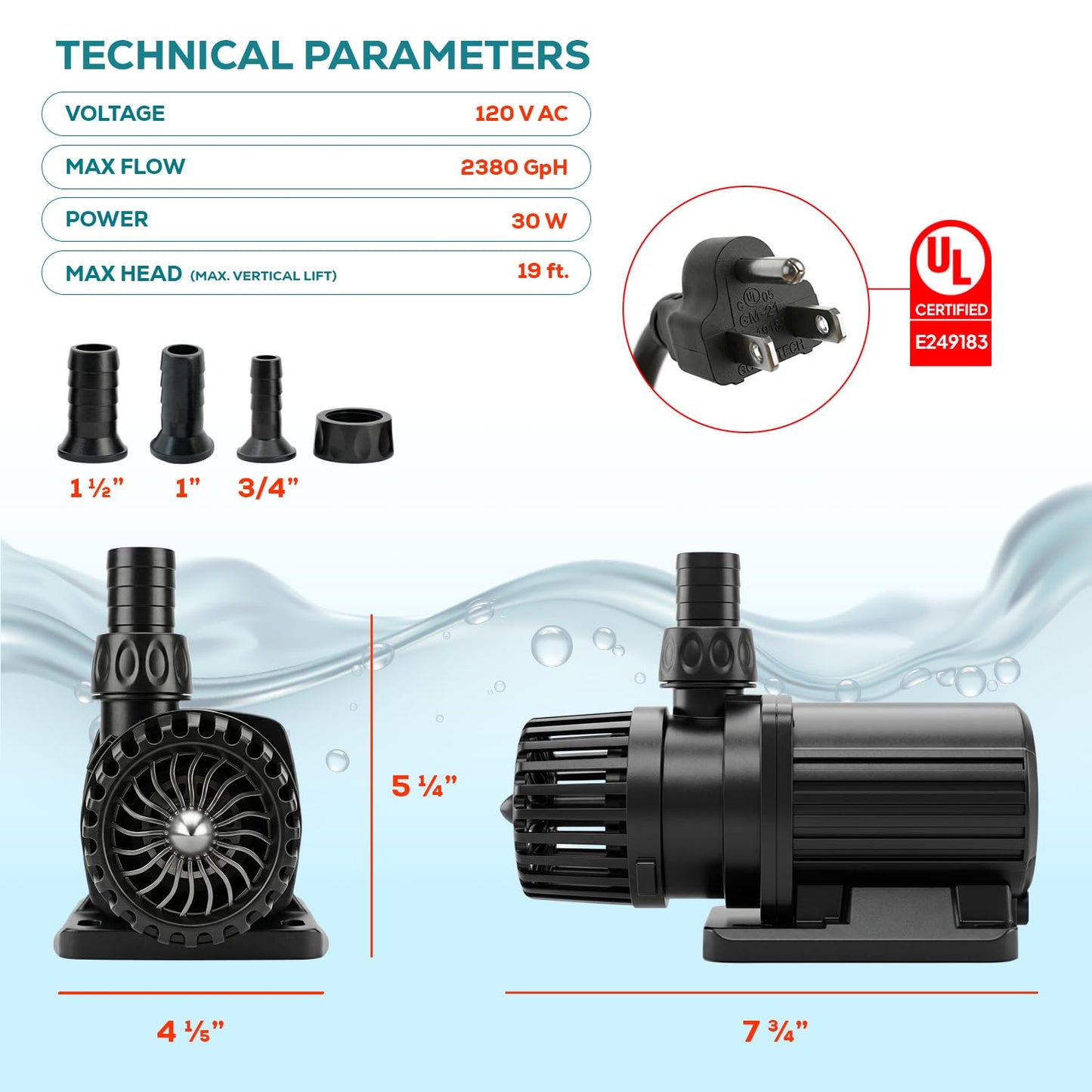 Aqua Dream 2380 GPH Intelligent ECO Amphibious Water Pump - Sine Wave Technology with Controller for Hydroponics & Aquariums, 70W - 1 Pc