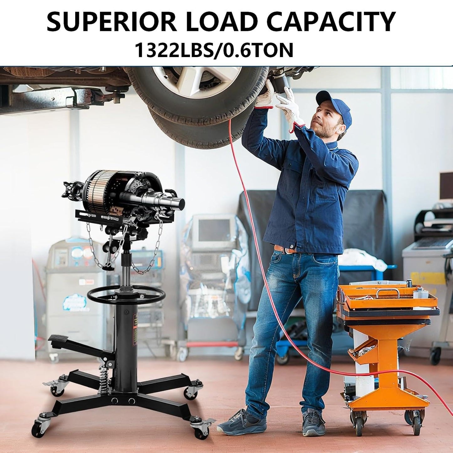 Hydraulic Transmission Jack 1322 Lb Capacity, High Lift 33.5-70 Inch, Dual Plunger System, 360° Rotating & 30° Tilting Saddle, Telescoping Jack Stand for Garage and Auto Shop Use, Black
