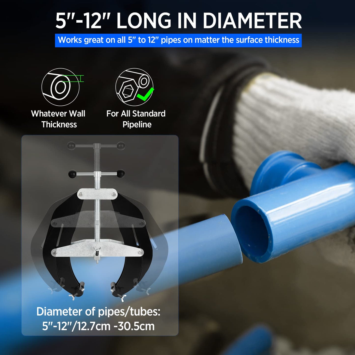 Pipe Clamp, 5 to 12 in, Steel Pipe Alignment Tool with Lightweight Design, High Strength Ultra Clamp with Quick Acting Screws, Black