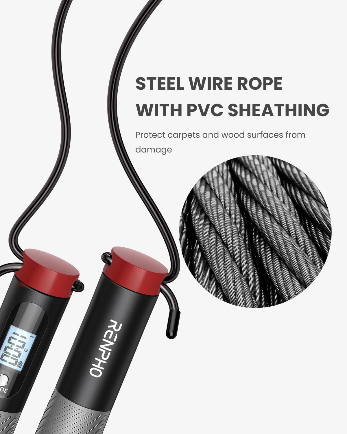 RENPHO Smart Skipping Rope with Counter, Adjustable Jump Ropes for Fitness, Skip Rope with APP Data Analysis, Workout Equipment for Women Men Adult Kids, Burn Calories, Gym, MMA, Grey