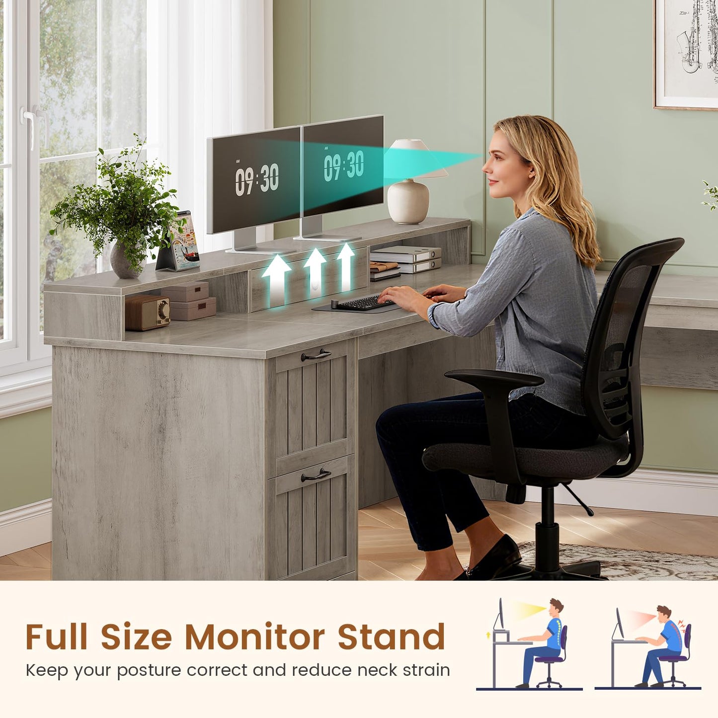 SEDETA 63" L Shaped Desk with Drawers, Farmhouse Corner Computer Desk, Wood Office Desk with File Drawers with Storage, Executive Desk with Monitor Stand and Storage Cabinet, Grey