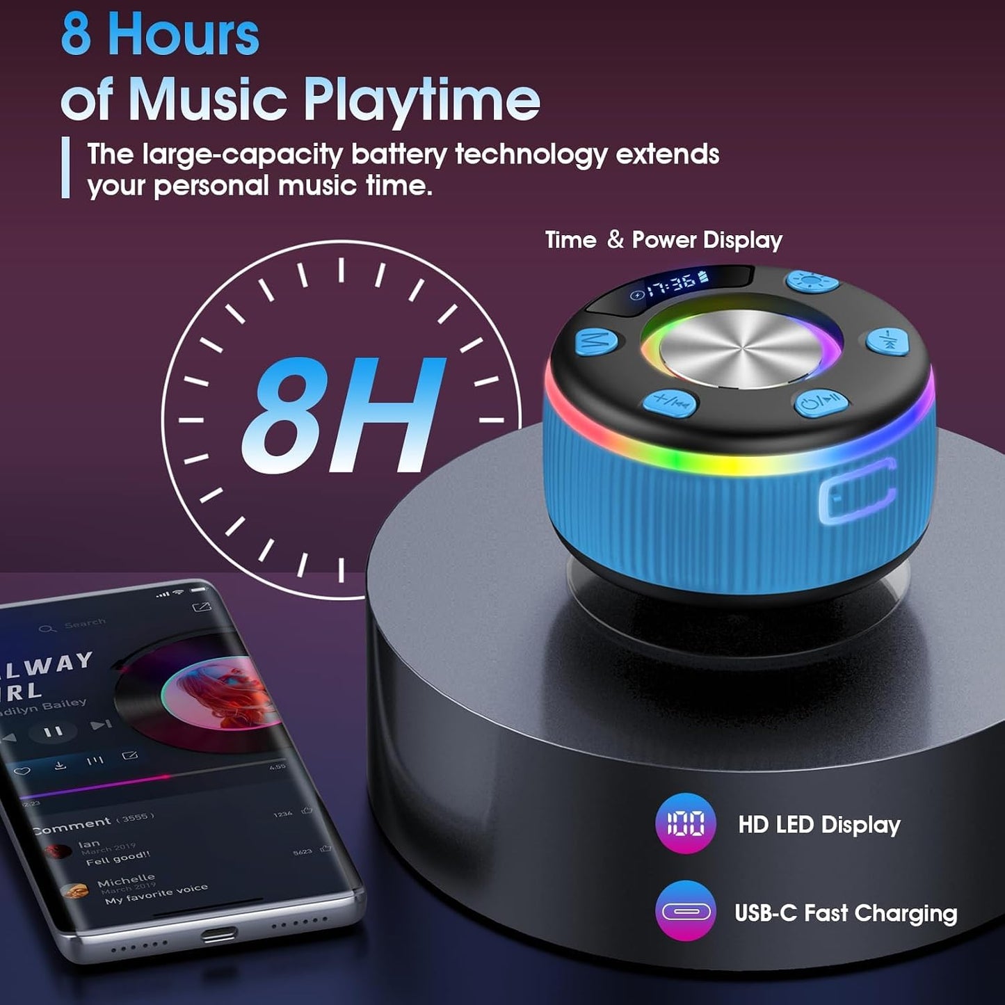 dotn 2026 360 Bluetooth Shower Speaker, Digital Display Portable Speaker with Suction Cup, LED Light, HD Stereo Sound
