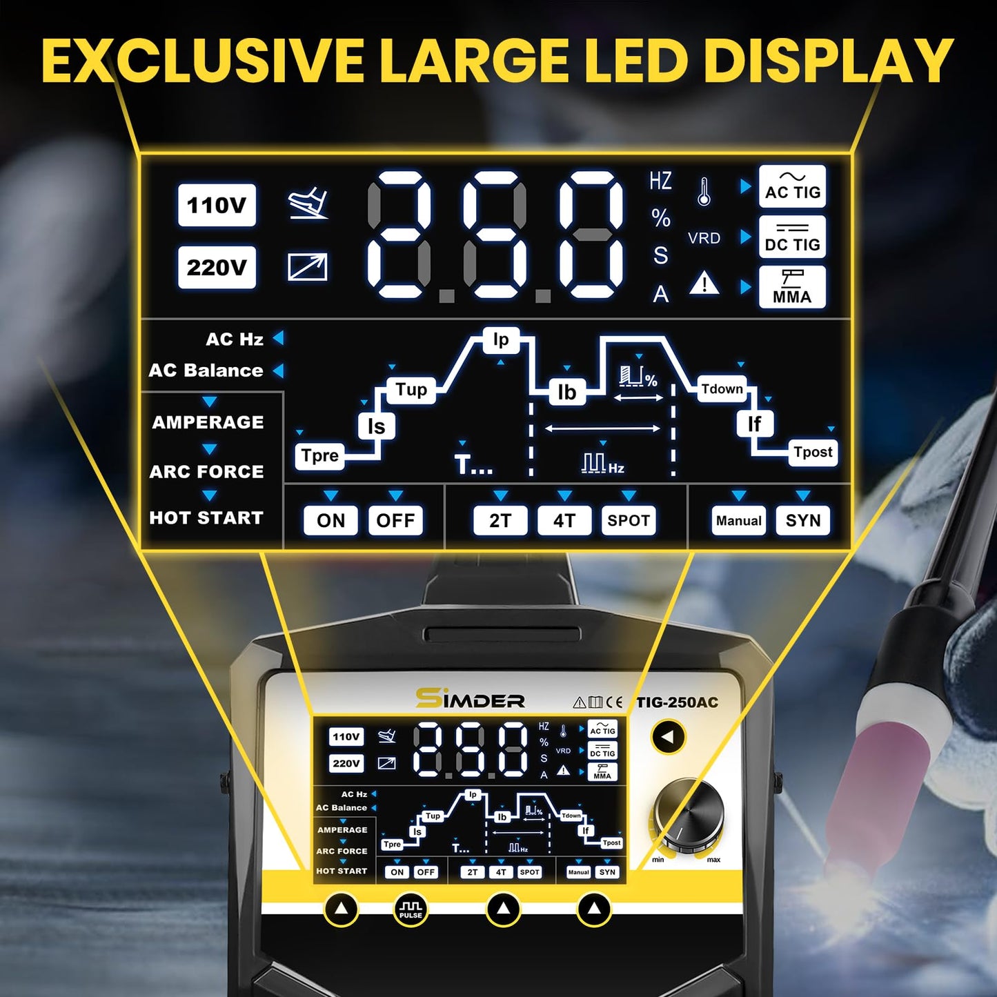 SSimder 6 in 1 TIG Welder AC TIG/DC TIG/Pulse TIG/SPOT TIG/Stick Dual Voltage Aluminum Welder 110V/220V TIG Welding Machine for DIY Home Garden Maintenance