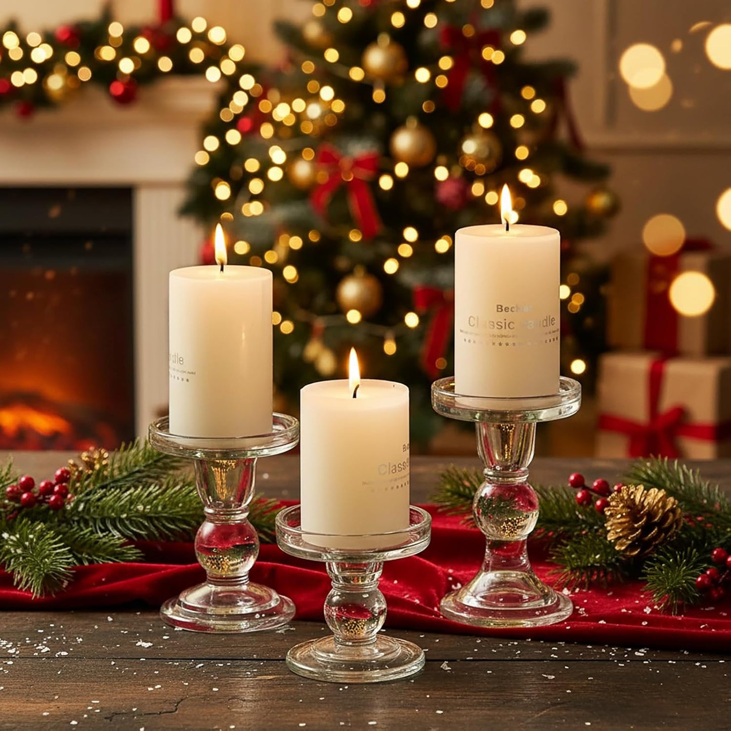 Skiennix Clear Candle Holder Set - 3 Pcs Glass Pillar Holders for Taper Candles | Elegant Design