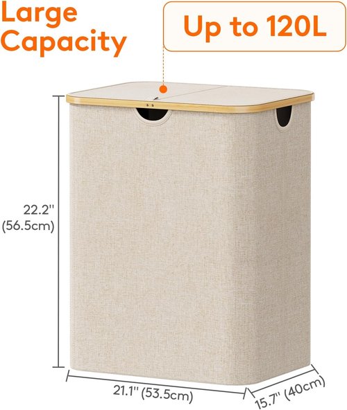 Lifewit 120L Laundry Basket - Foldable Hamper with Lid & Bamboo Handles | Beige, Ideal for Bedroom & Bathroom