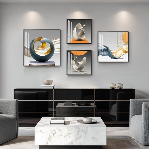 Framed Modern Wall Art Set by [Brand Name] - Abstract Geometric Prints in Orange, Gray & Gold | 4 Piece Collection for Living Room, Bedroom & Office