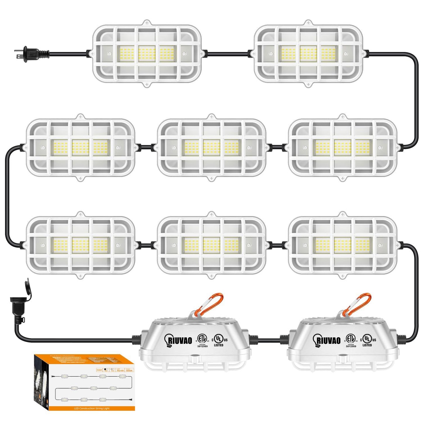 RIUVAO 100ft LED Construction String Lights,Super Bright 300W 30000LM Waterproof IP67 Led String Work Lights, Construction Temporary Lights (Upgrad 100ft-10lights)