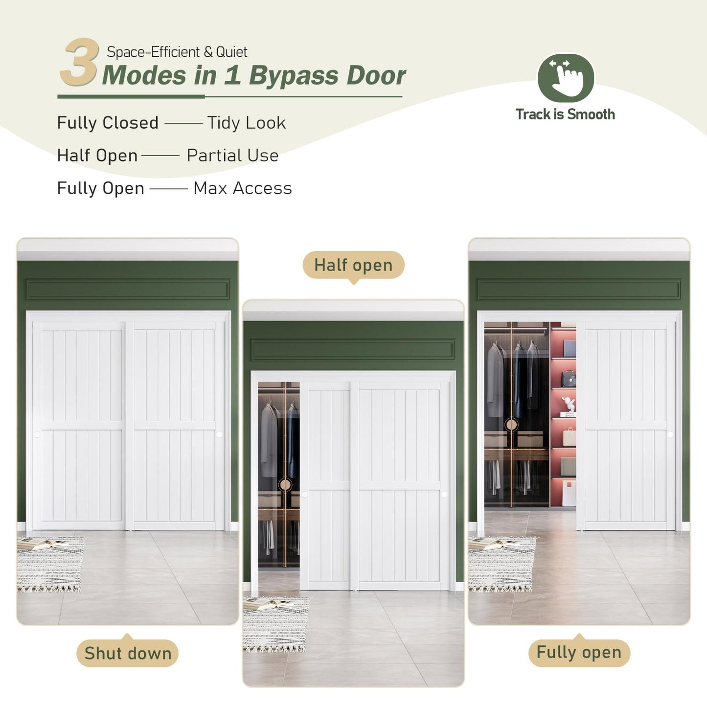 FREDBECK Sliding Closet Doors 72x80(Double 37inch),Bypass Barn Door with Hardware,for Bedroom,White,H Frame,Assemble Required