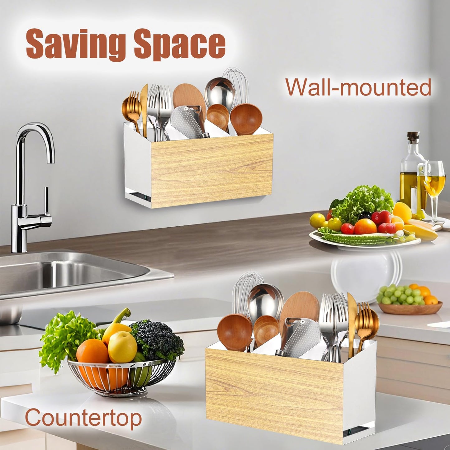 UPODA Utensil Holder Large Iron Flatware Container with 3 Compartments Countertop Wall-mounted Kitchen Utensil Storage (White)