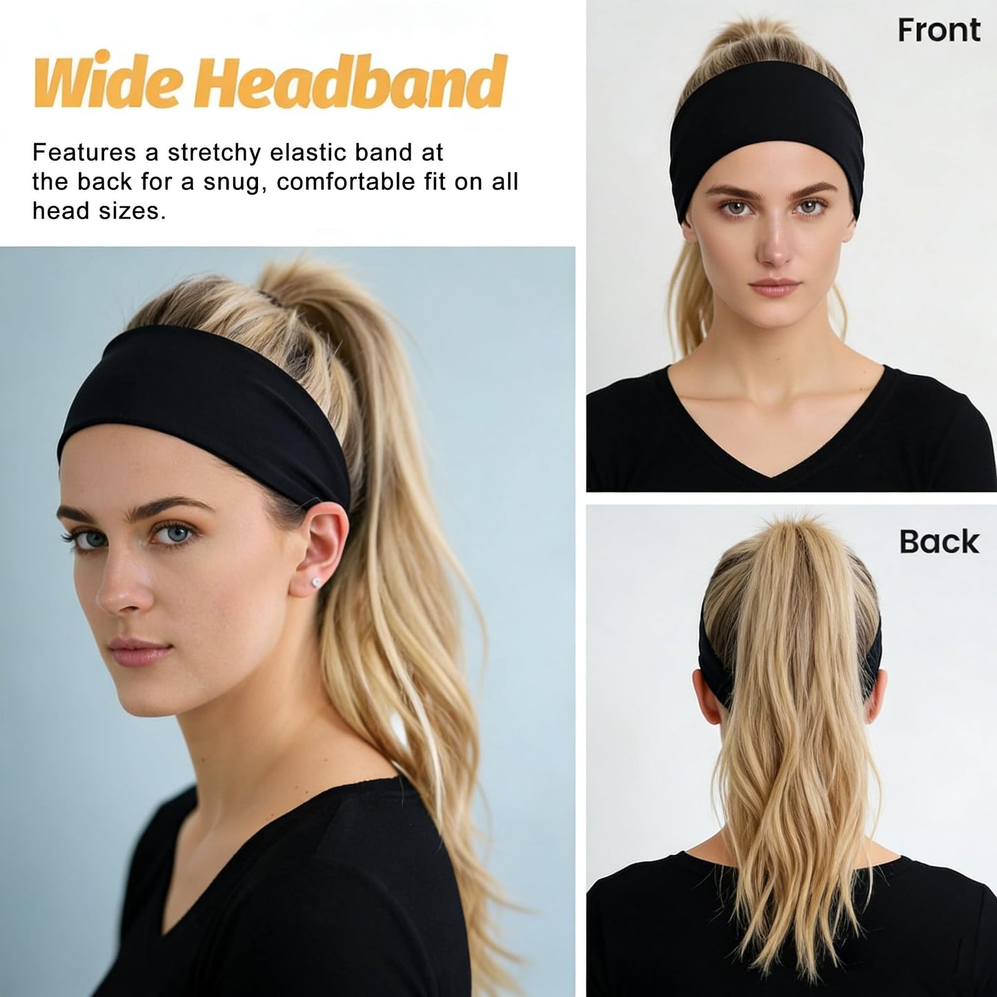 Calbeing Headbands for Women, 5 Pack Black Sweat-Absorbing Sport Sweatbands, Soft Elastic Yoga Hairbands, Comfortable Hair Bands for Fitness Workout Travel Exercise