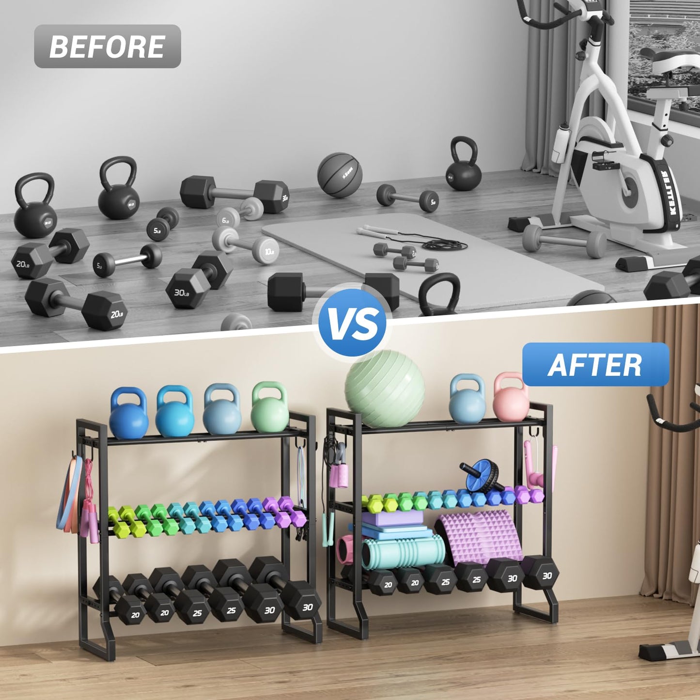 VOPEAK 3-Tier Adjustable Dumbbell Rack, 31-Inch Weight Rack for Home Gym with 4 Hooks, Home Gym Storage for Kettlebells, Space-Saving Dumbbell Stand - 400LB Capacity (Rack Only)