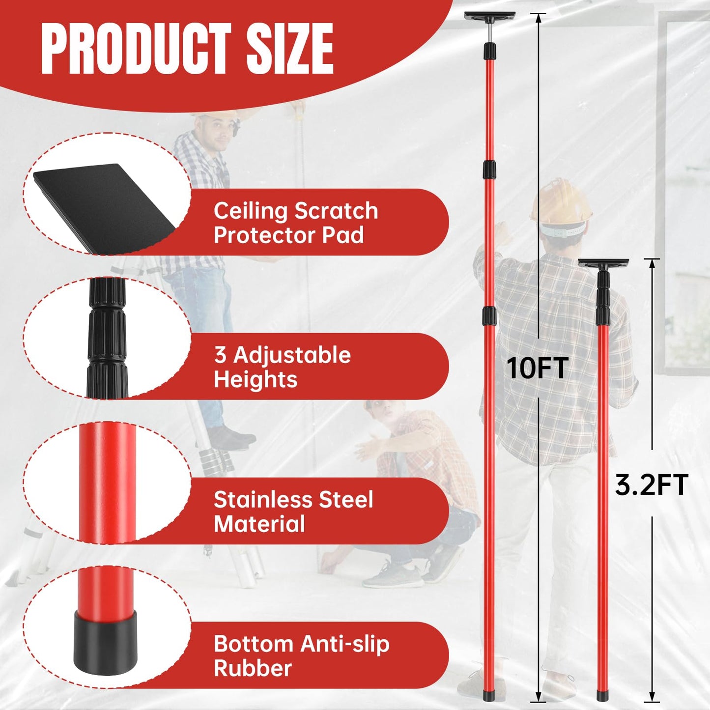 10FT Dust Barrier Poles Kit, 4 Pack Spring Retractable Zip Poles, with Heavy Duty Plastic Sheeting (32.8x13.1FT), 2 Zippers & Gloves, for Dust Barrier System, Renovation, Painting, Construction