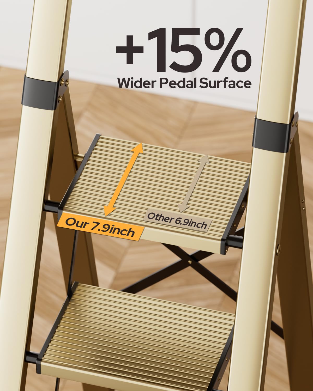 GameGem 6 Step Ladder for 12 Feet High Ceiling, Lightweight Aluminum Folding Step Stool with Convenient Handgrip, Stepladders with Anti-Slip and Wide Pedal for Home Use Space Saving - Gold