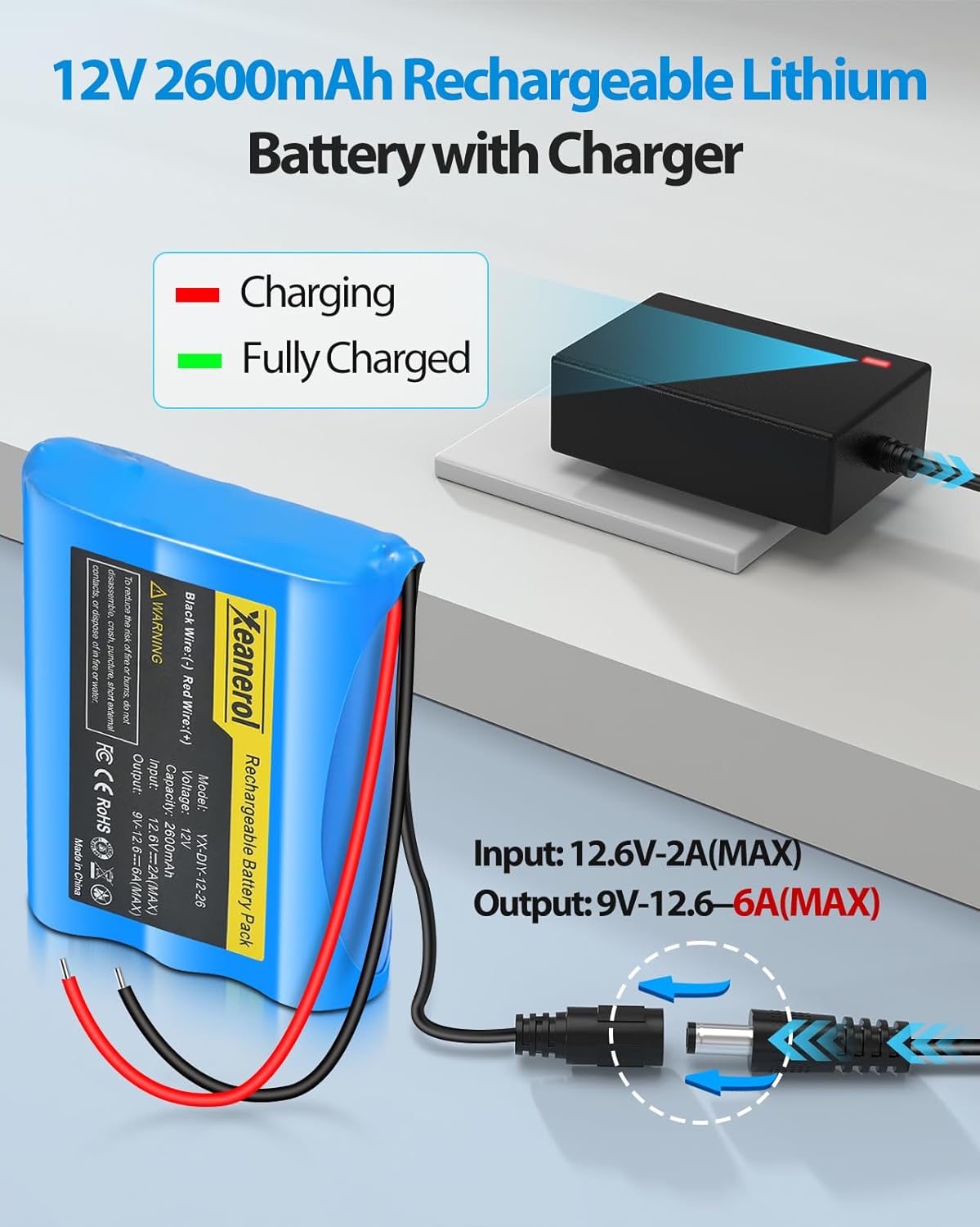 Xeanerol 12V 2600mAh Pack 12 Rechargeable Li-ion Battery with Charger, Bare Leads Wire Replacement Lithium Battery
