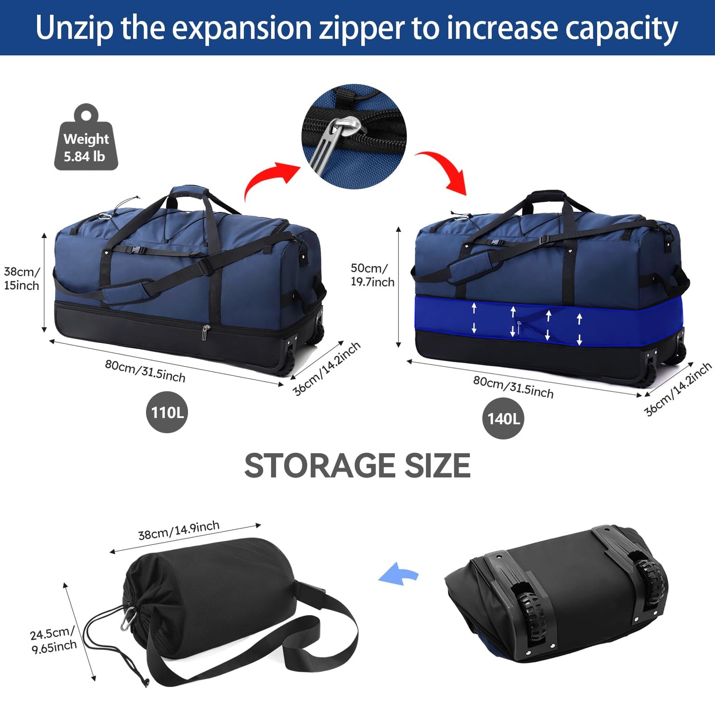 Vrtisa 110L Expandable to 140L 32” Foldable Oxford Soft-Sided Rolling Duffle Bag with 2 Heavy-Duty Wheels,2 Large Compartments,Adjustable Shoulder Strap and Attached Organizer Pouch,Navy Blue