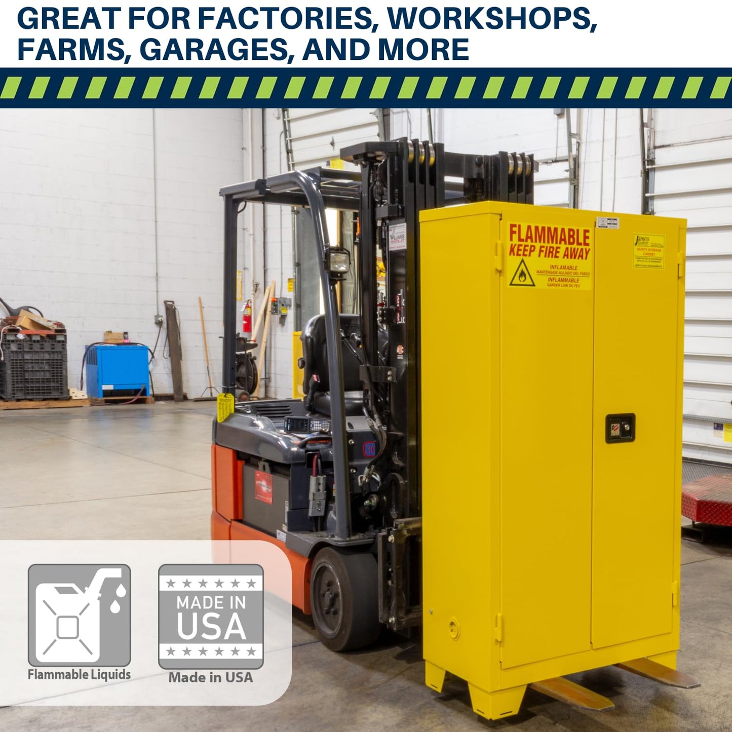 Jamco 45 Gallon Flammable Safety Cabinet, Steel Flammable Storage Cabinet with Lockable Manual Closing Doors, Forkliftable, 43" x 18" x 70", Yellow