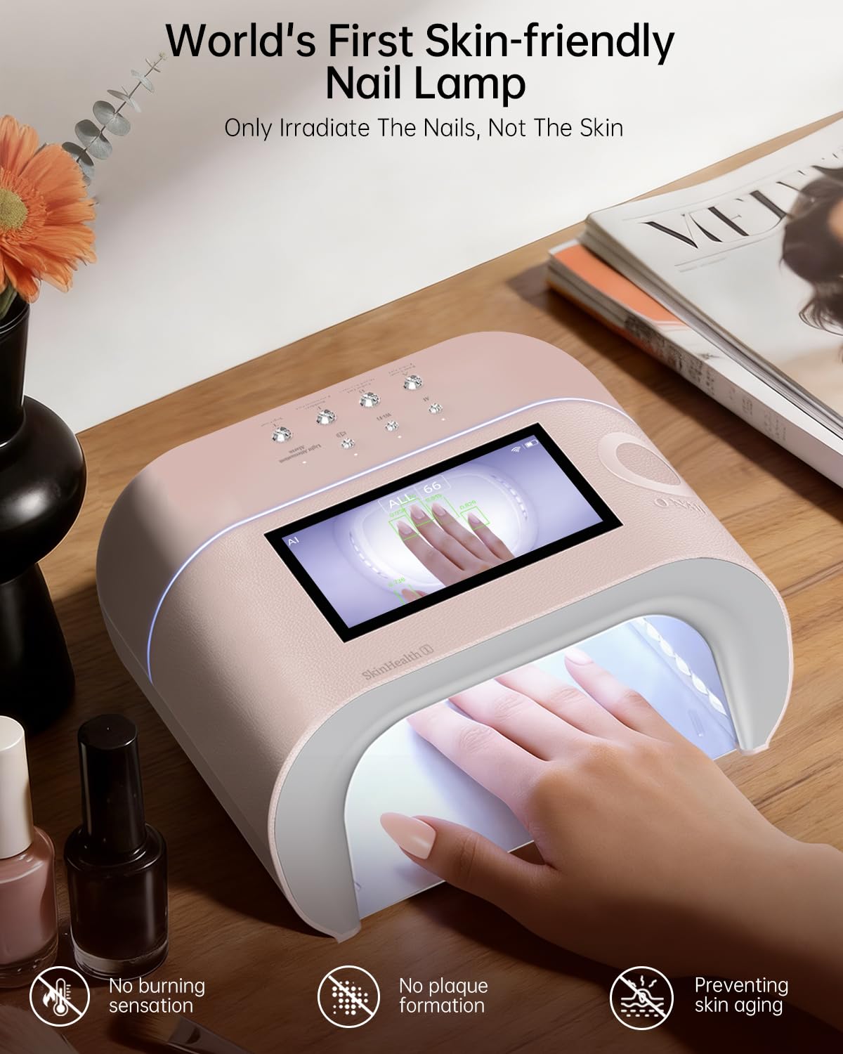 AI UV LED Nail Lamp for Gel Nails-ONAIL Professional Smart Nail Dryer with AI Nail Detection, Pain-Free Fast Curing 109 LEDs Skin-Safe UV Light, Salon Nail Lamp for Nail Gel Pink(Battery Not Included)
