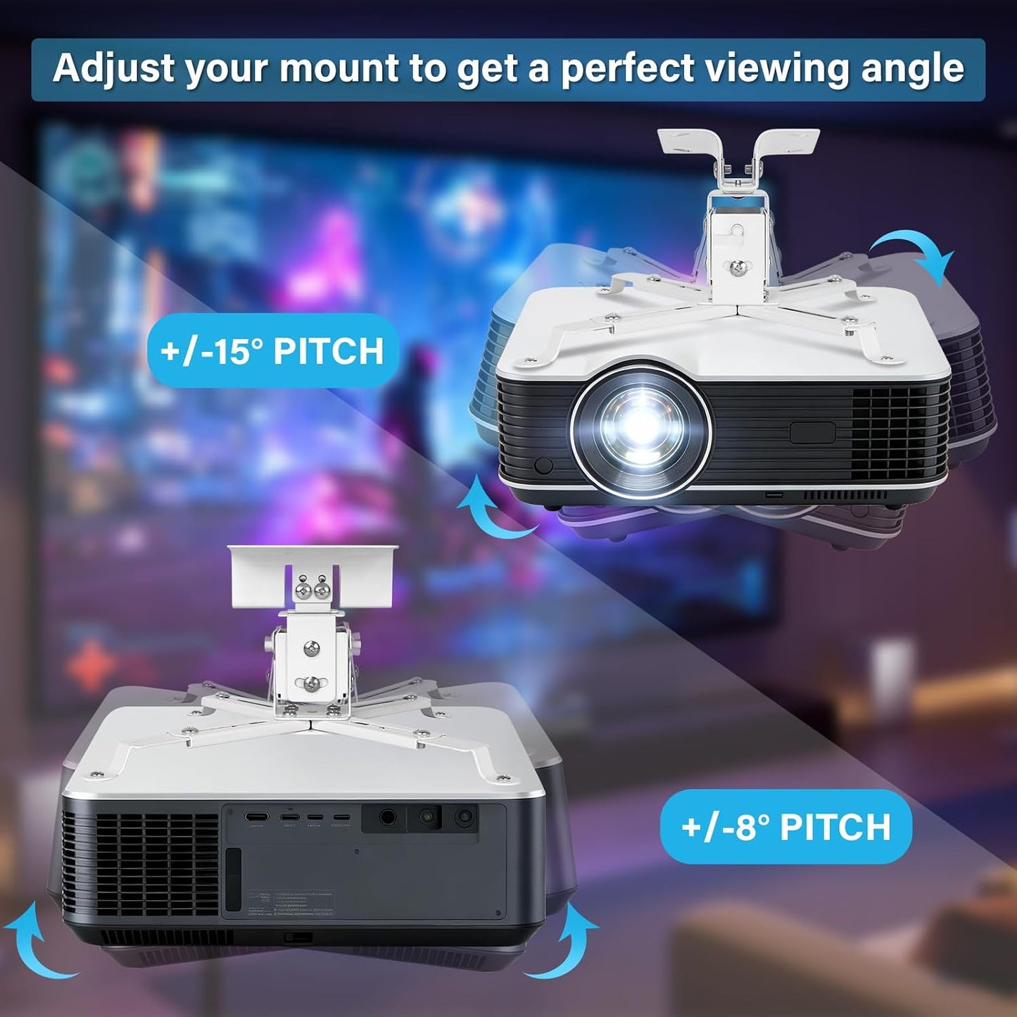 Vphom 3-in-1 Universal Projector Mount Ceiling/Wall - Projector Bracket with Extension Pole & Cable Ties