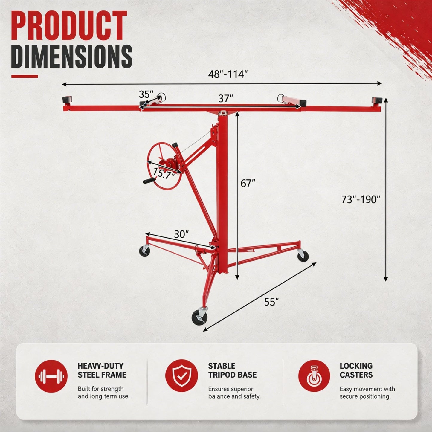 Winado 16 FT Drywall Lift Panel Rolling Hoist Jack Lifter Sheetrock, Drywall Lifting Construction Tools Caster Wheel with Adjustable Telescopic Arm, Red