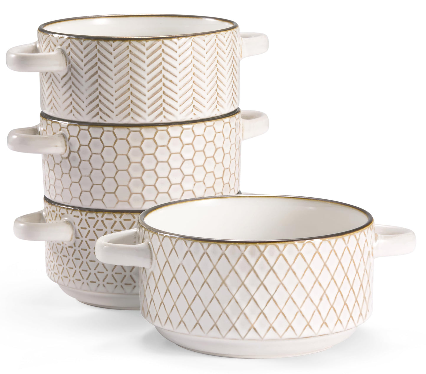 KooK Ceramic Soup Bowls with Handles, Embossed, for French Onion Soup, Pastas, Ramen, Stews, Microwave & Dishwasher Safe, Ivory with Hand-Painted Rim, Set of 4, 24 oz, Narbonne Collection