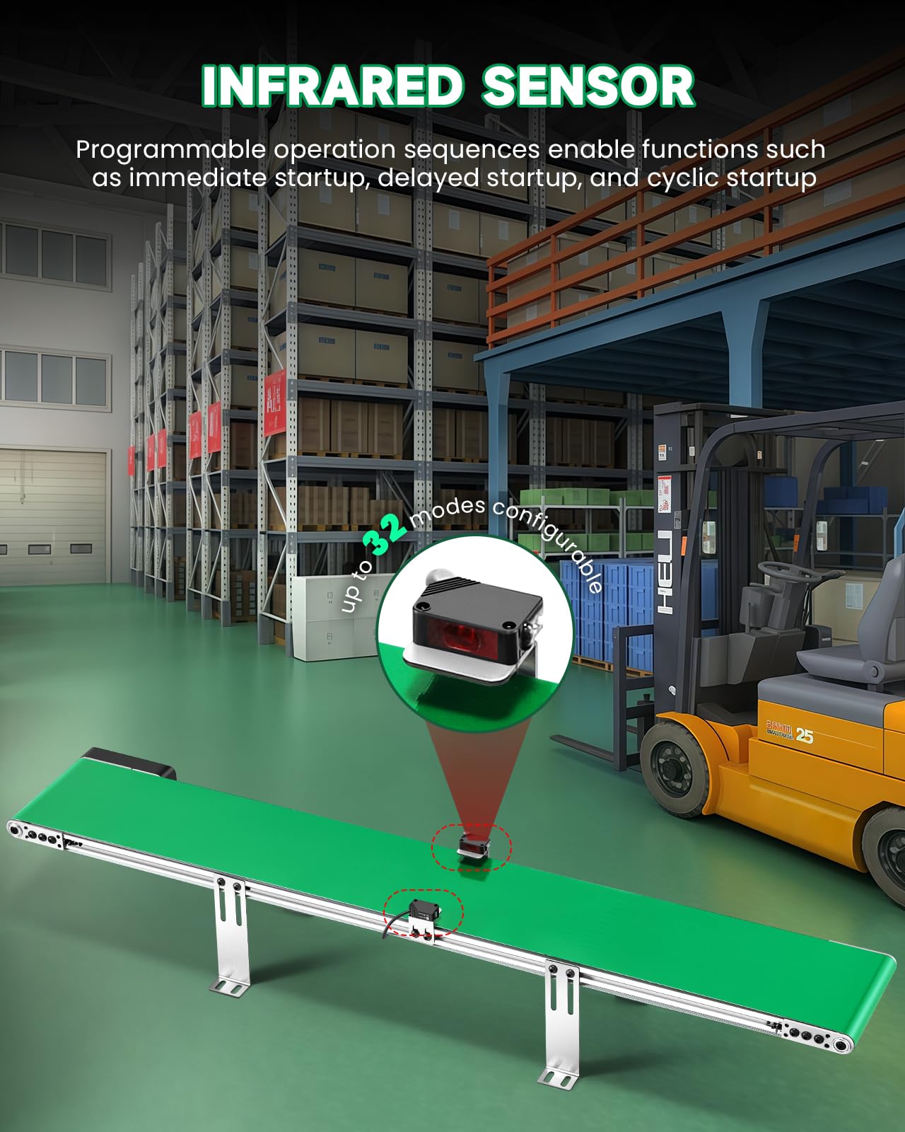 Moonshan Belt Conveyor 39 inch Conveyor with Sensor, Multi Operation Program, Desktop Version Step-Less Speed Adjustment PVC Belt Conveyor for Packaging Factory, Production Line, Home
