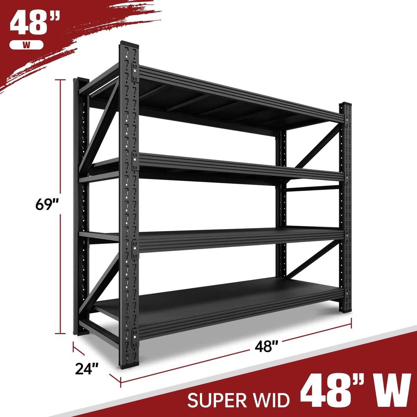 RAVIGIN 3000LBS Storage Shelves, 48" W Garage Shelving Heavy Duty Metal Adjustable Garage Shelves, Shelving Units Industrial Shelving for Warehouse, 48" W x 23.7" D x 70" H, Black