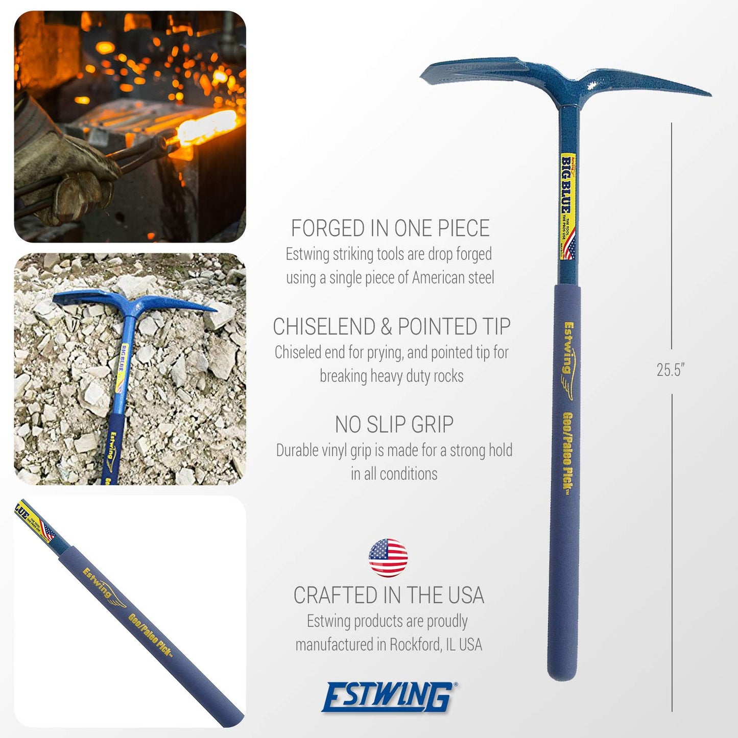 Estwing Geo/Paleo Rock Pick - 25" Geologist Tool with All Steel Construction & Vinyl Cushion Grip - GP100, Blue and Estwing - GP18 Gad Pry Bar - 18" Forged Geological Tool with Pointed Tip & Chisel End - GP-18, Metal