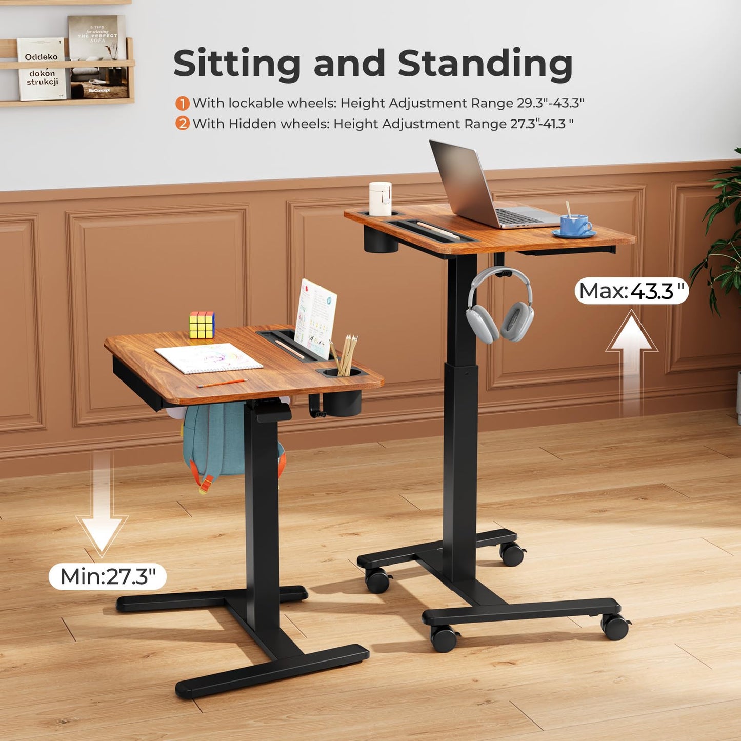 JYLH JOYSEEKER Mobile Standing Desk, 28" Height Adjustable Rolling Desk with Lockable Stem Casters, Dark Wood