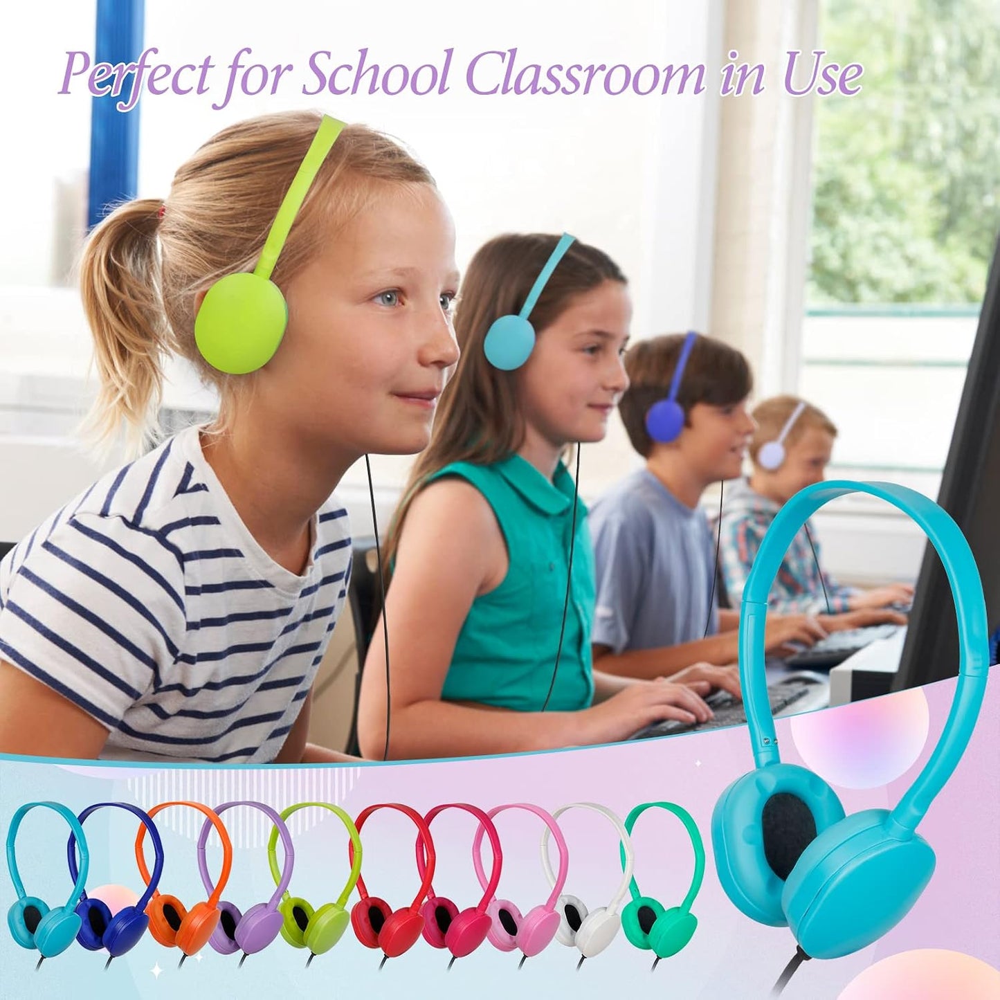 10 Pack 3.5mm (10 Headphones for Kids School Classroom Bulk Multi Colored,Wired Adjustable Student Headphones with Plug