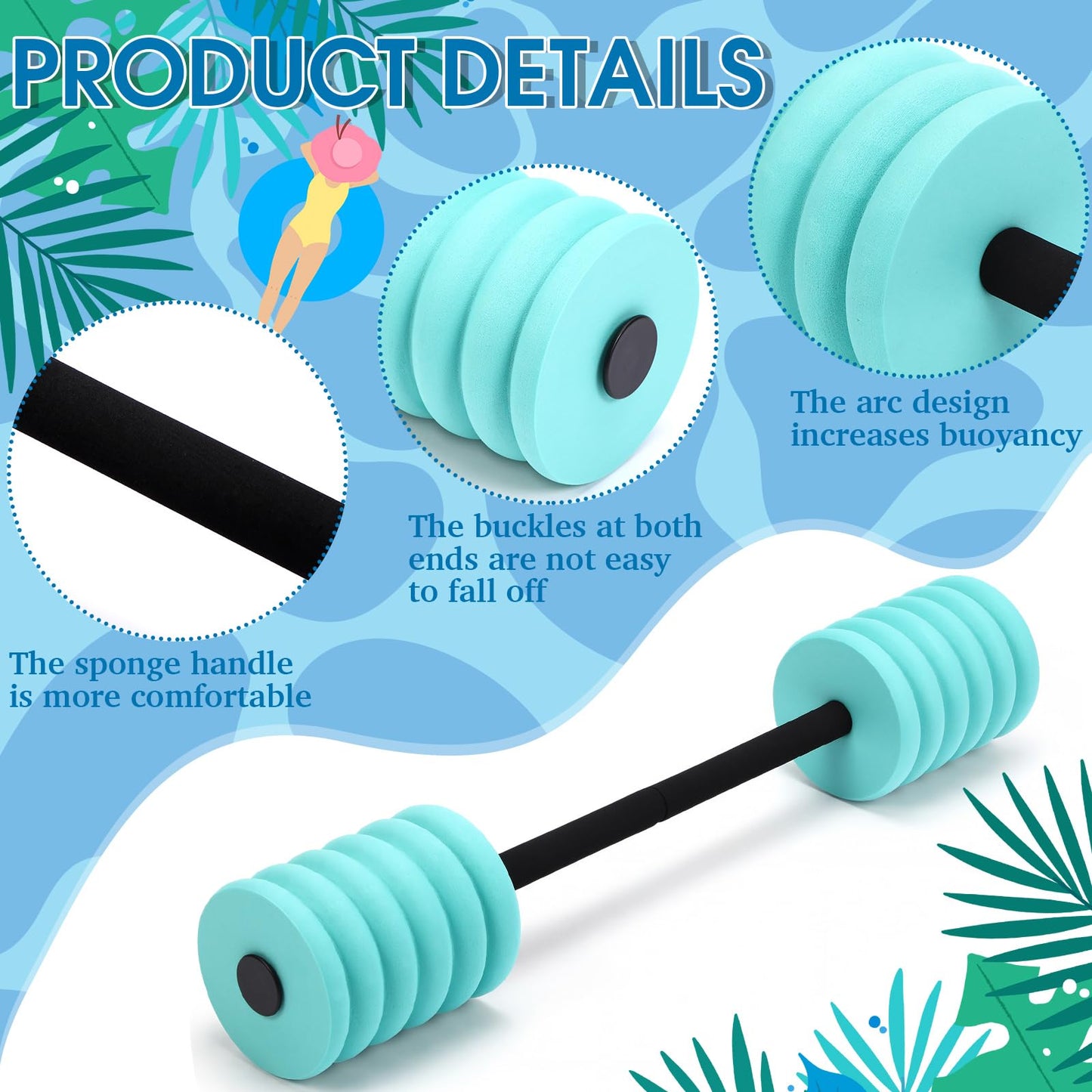 Soulchen Long Aquatic Exercise Dumbbells Foam Water Weights Dumbbell Aquatic Pool Barbells with High Density EVA Foam for Swim Water Aerobics Workouts Loss(Aqua,33.07 Inch)