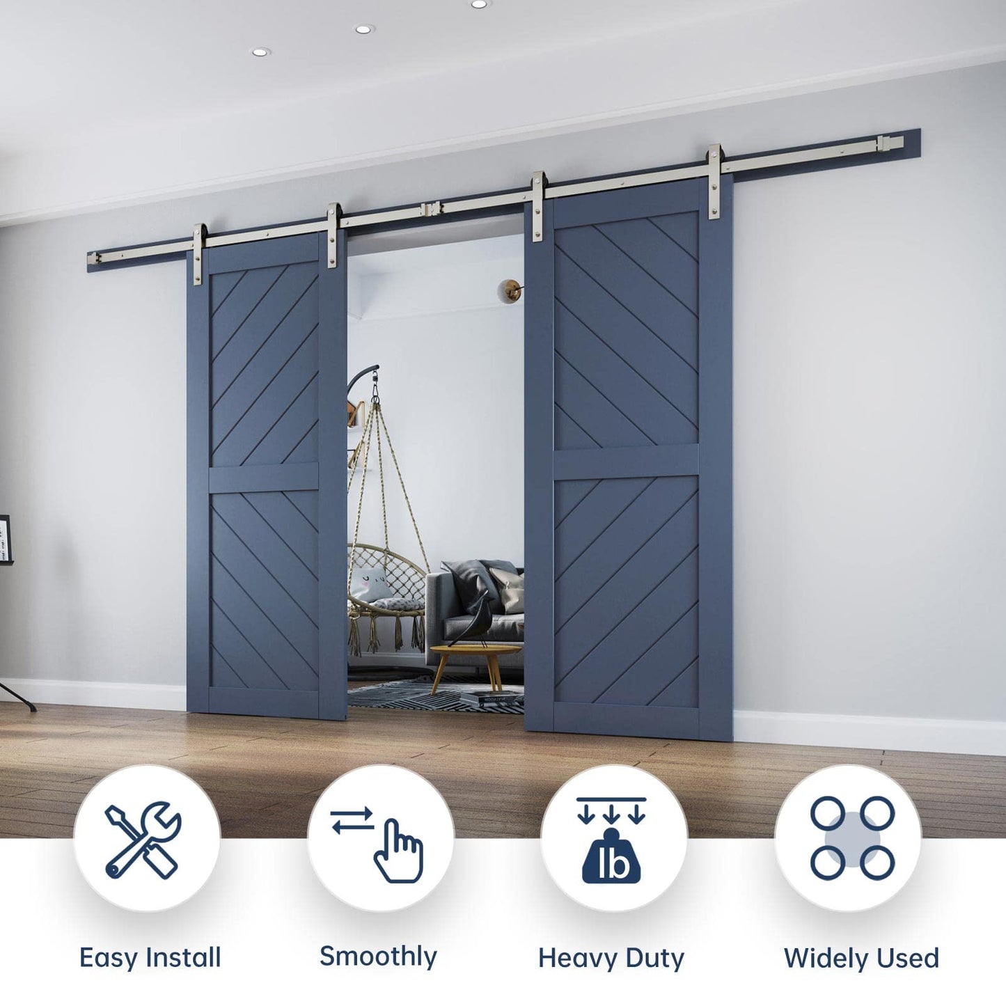 EaseLife 12 FT Brushed Nickel Double Sliding Barn Door Hardware Track Kit,Basic J Pulley,Heavy Duty,Slide Smoothly Quietly,Easy Install (12FT Track Kit for Double 36" Wide Door)