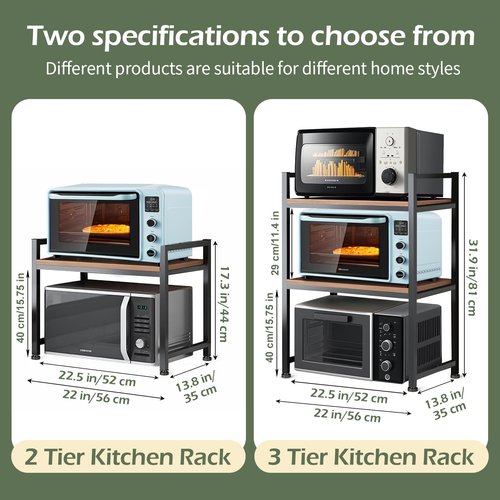 Microwave Stand, Heavy Duty 3 Tier Microwave Shelf for Kitchen Shelving Countertop Organizer. Carbon Steel, Wood Panel, Sturdy and Not Shaking Kitchen Rack That Can Withstand 200 Lbs Weight
