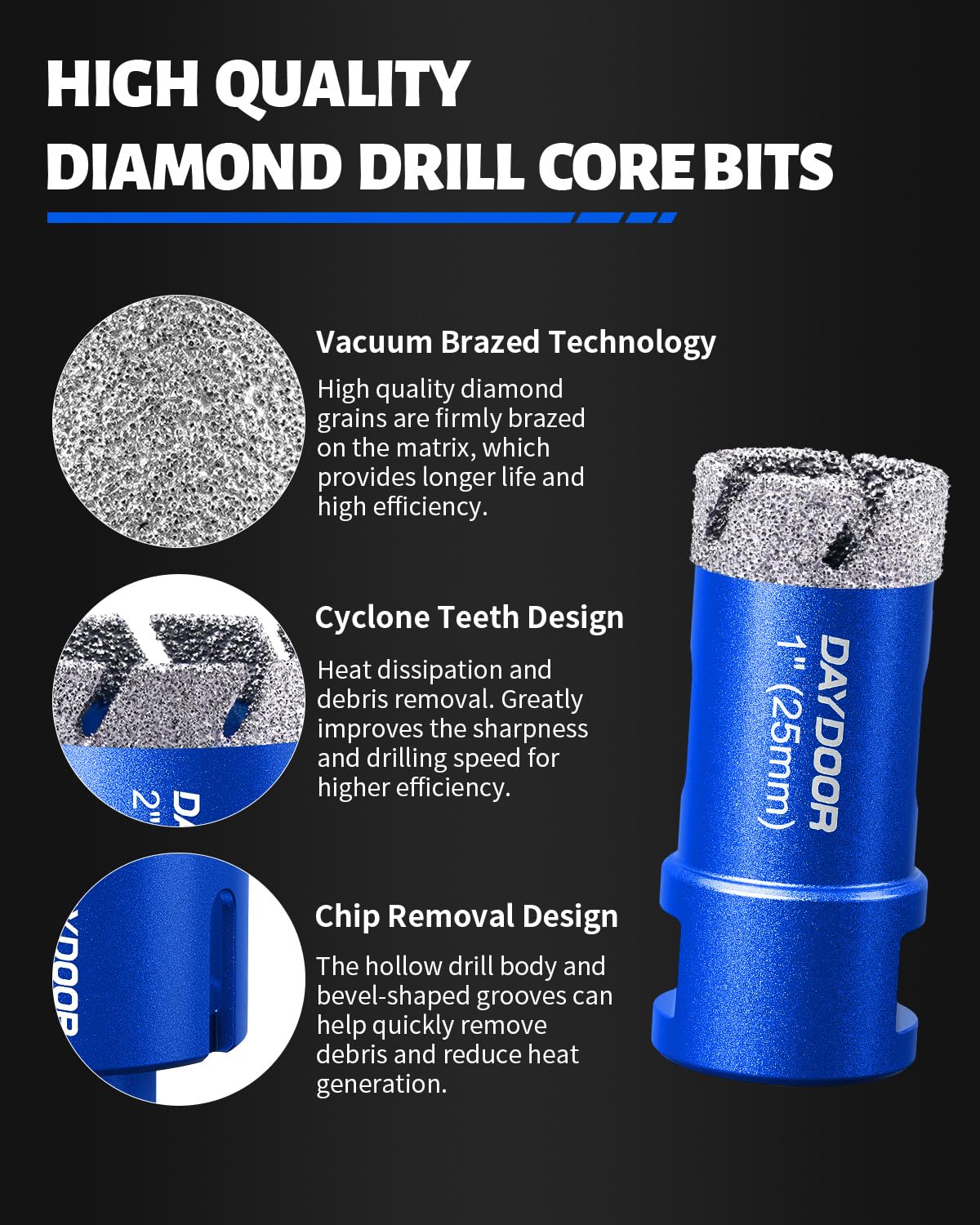DAYDOOR Diamond Hole Saw Kit, 15-Piece Tile Hole Saw Kit 1/4" 5/16" 4/5" 1" 1-3/8" 2" 3" 4",Vacuum Brazed Core Drill Bits for Porcelain Tile, Granite, Marble, Stone(Blue)