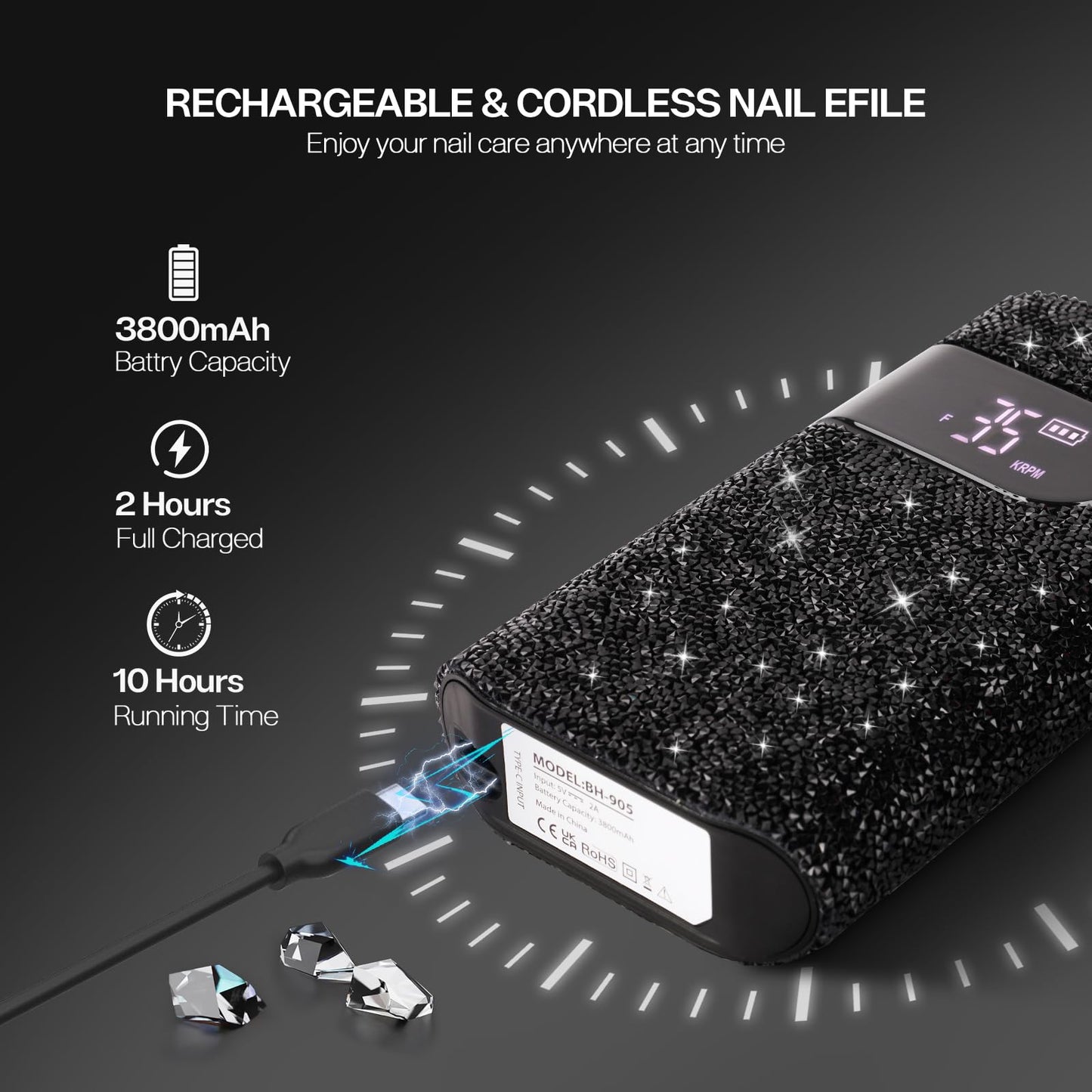 Black Rhinestone UV Nail Lamp, Cordless UV Light for Gel Nails & Electric Nail File Cordless Nail Drill Machine with 6PCS Nail Drill Bits for Polishing Shape Manicure Tools
