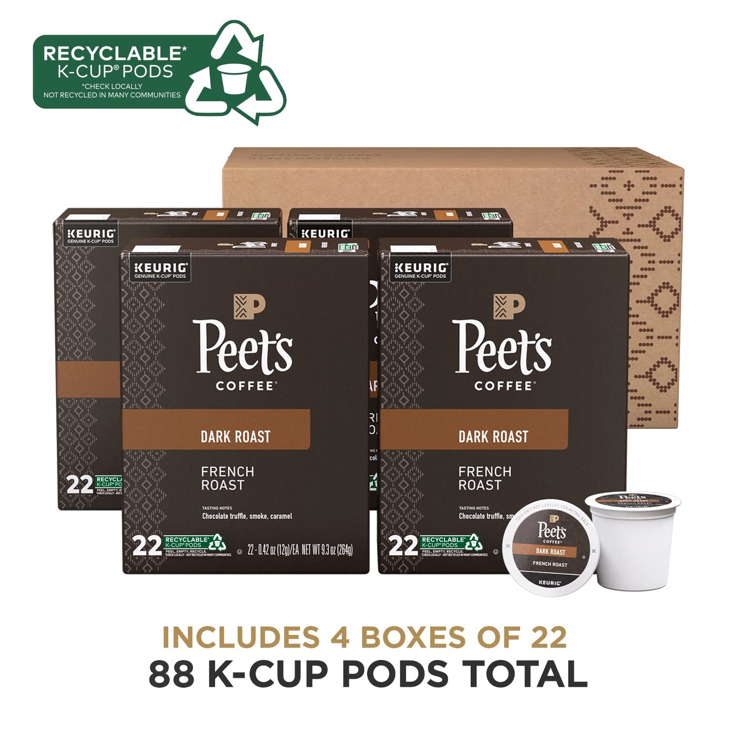 Peet's Coffee Dark Roast K-Cup Pods - 100% Arabica French Roast, 88 Count (4 Boxes of 22 Pods)