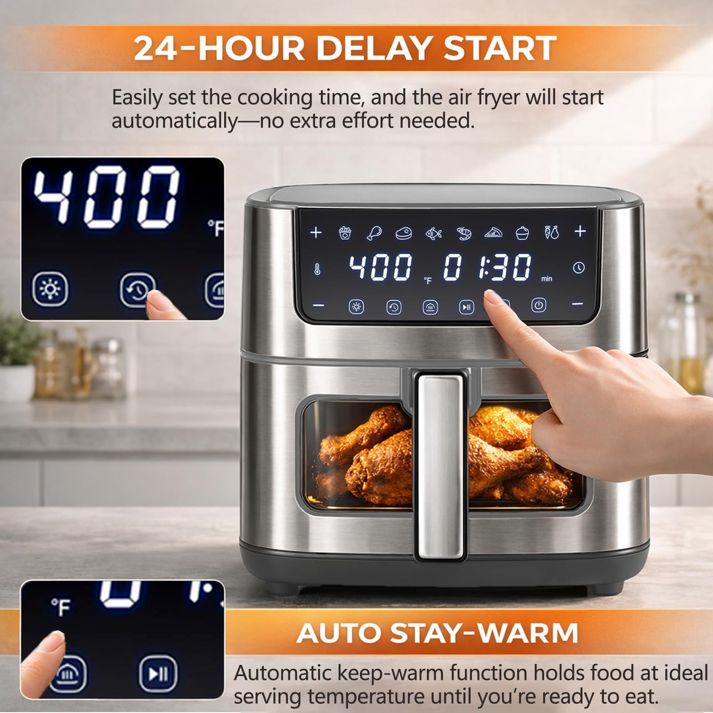 Simple Deluxe 8-in-1 Air Fryer 6.34 Qt, Digital Preset Airfryer with Visible Window, Nonstick and Dishwasher-Safe Basket, Air Fry, Chicken, Pizza, Dehydrate, Fries, 90-Min Timer, 1700W, Gray