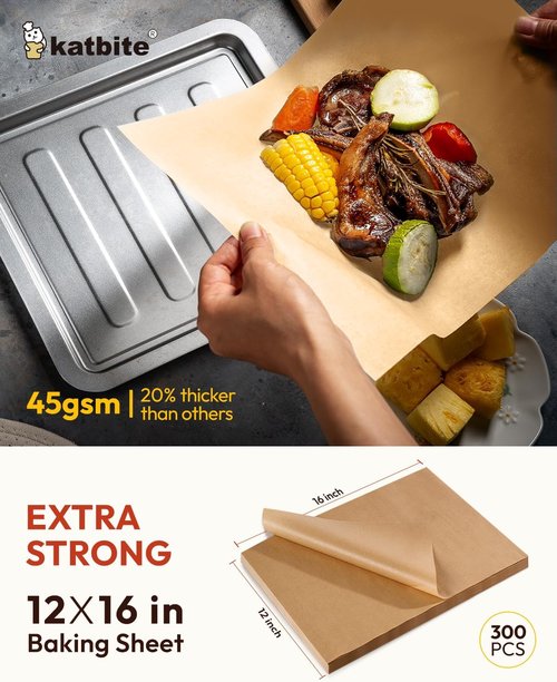 Katbite Parchment Paper - 300 Sheets, 12x16 In, Heavy Duty, Unbleached Non-Stick for Baking & Cooking