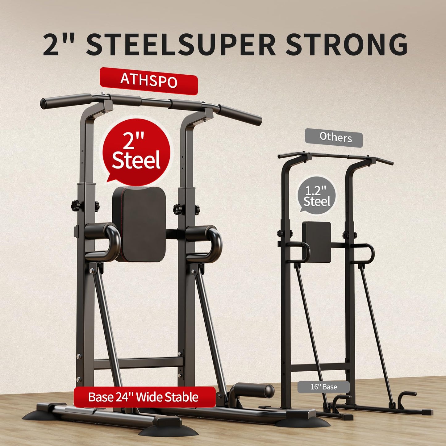 Power Tower Pull Up Bar Station, 450 lbs Capacity, Heavy-Duty 2" Steel Frame, Stable X-Base, Adjustable Dip Station for Home Gym