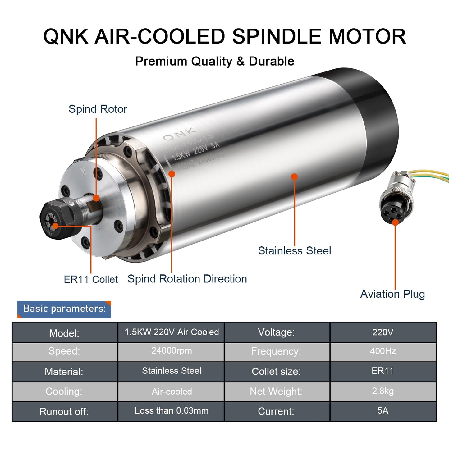 QNK CNC Spindle Motor Kits,220V 1.5KW CNC Spindle Air Cooled Spindle Motor+220V 1.5KW VFD Single to 3 Phase Inverter Variable Frequency Drive+ ER11 Collet Set