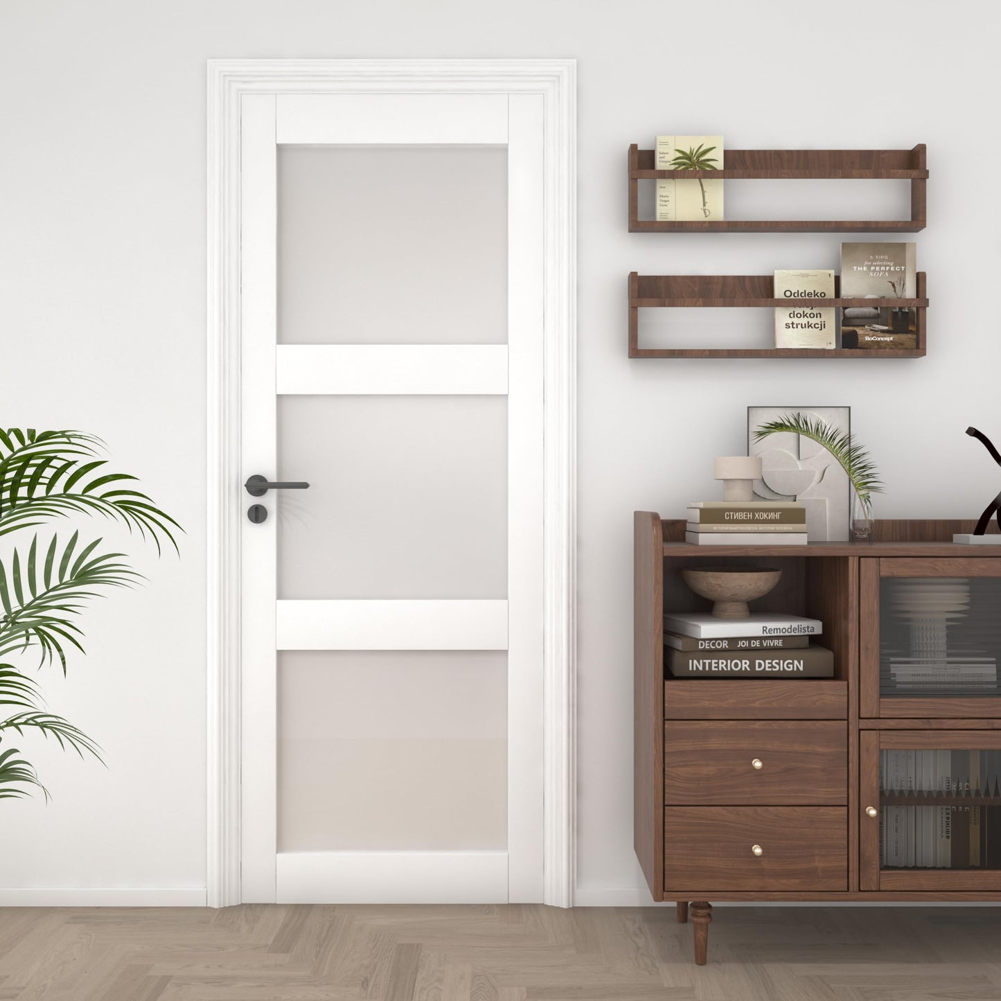 OHTOMO 24"x 80" Interior Door, 3-Lite Frosted Glass Door Slab, Solid Core with MDF Panel, for Bathroom Pantry Laundry Room, White Primed, Without Frame and Hardware Kit