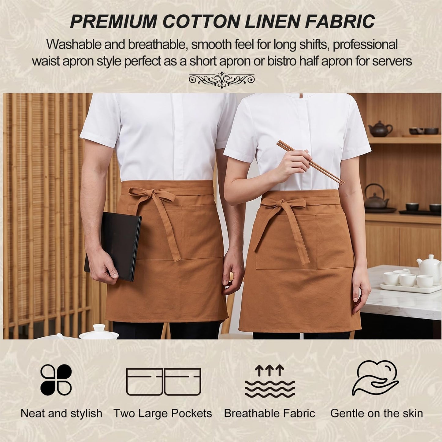 Cityelf Half Apron for Women Men Cotton Linen with 2 Large Pockets Waist Short Bistro Server Aprons Waiter Waitress Unisex