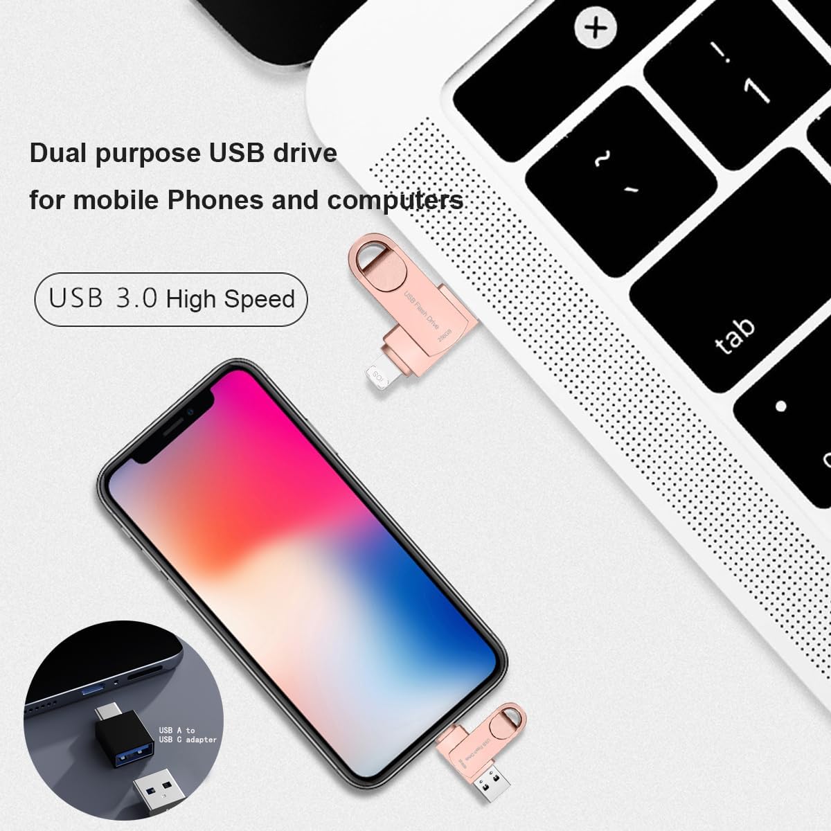 DEZOBYTE USB3.0 256GB 2in1 MS02 Flash Drive Phone Photo Stick for i Phone Android USB C and Computer Pink