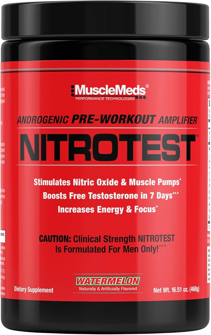 MuscleMeds Nitrotest Pre-Workout Supplement Drink, Boost Nitric Oxide, Testosterone, Watermelon, 30 Servings, 1.03 Pound, 1 Count