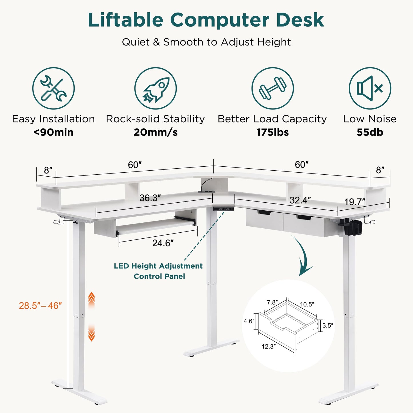 RedLemon 60 Inches L Shaped Electric Standing Desk, Height Adjustable Corner Gaming Desk with Drawers, Keyboard Tray, Power Outlets & LED Lights, Computer Desk with Monitor Shelf, Antique White