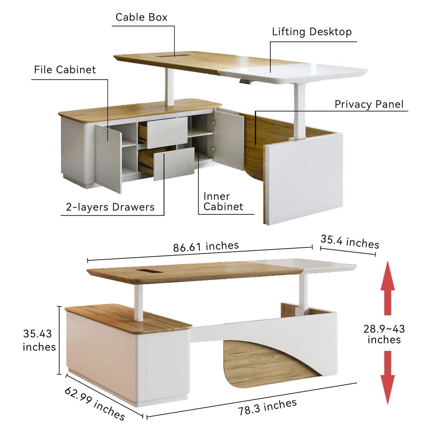 SAINTCY 86" L Shaped Standing Executive Desk with Drawers and Shelves,White Electric Adjustable Height Desk with Charging Station and Privacy Panel for Home and Office, Light Walnut