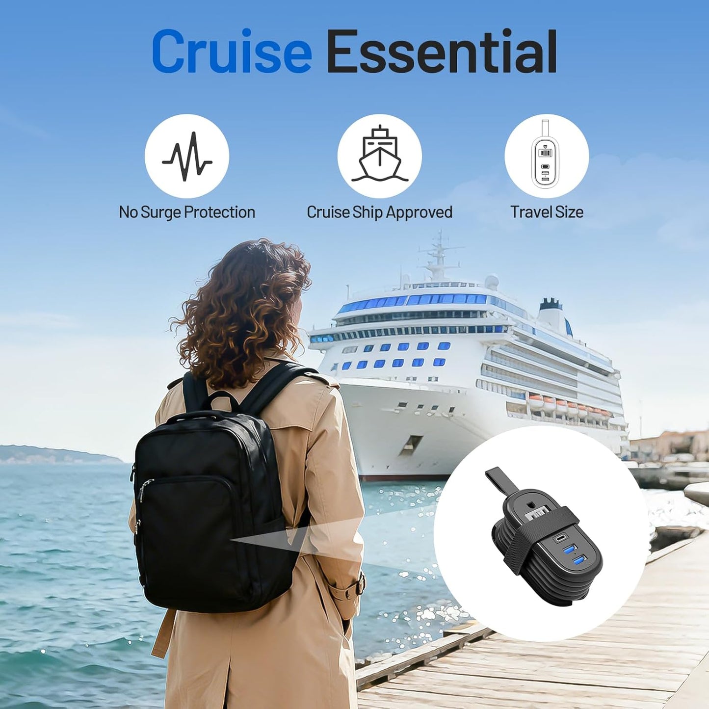 BEVA 4FT 2 3 (3.4A Travel Power Strip with USB C Ports, Extension Cord, Outlets, USB Ports, Cruise Ship Essentials