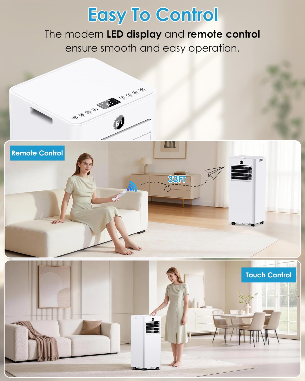 Portable Air Conditioners 8000 BTU, Quiet Air Conditioner with WiFi/App Control, 24H Timer, Dehumidifier, Fan, Cooling, Sleep Modes 4-in-1 AC Unit for Room with Window Kit, for Bedroom/Office, White