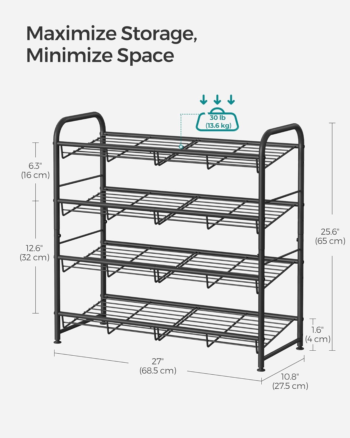 SONGMICS 4-Tier Stackable Shoe Rack - Adjustable Metal Storage Shelf for 16 Pairs | Black