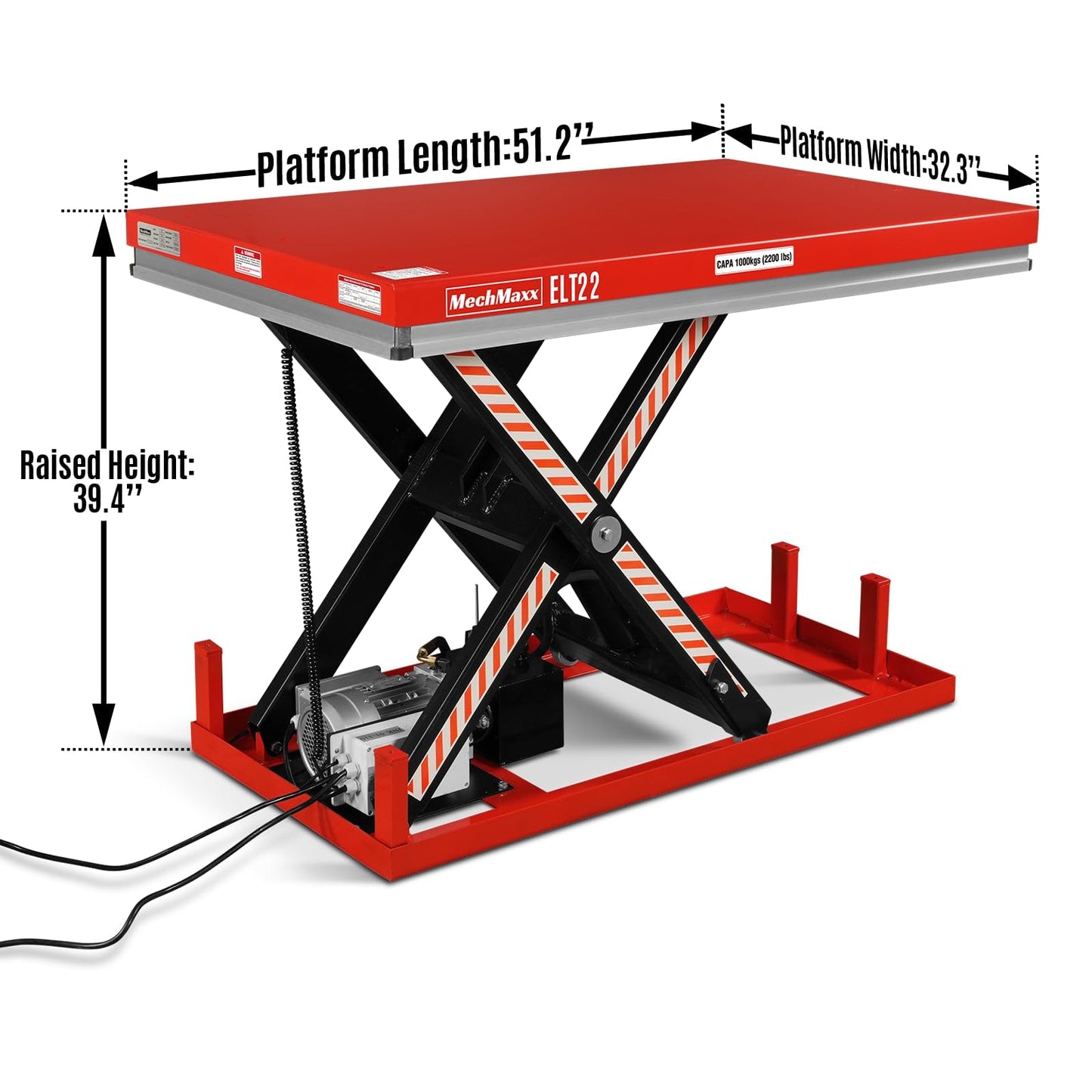 Mechmaxx 2200lb Capacity Stationary Electric Hydraulic Lift Table, 51.2” x 32.3”Platform, 39.4”Lift Height,UL Certified Motor,Model ELT22