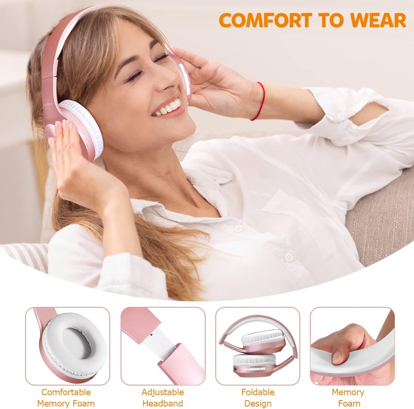 Rydohi 68H Headset 3EQ V5.3 Wireless Bluetooth Headphones Over Ear Playtime HiFi Stereo with Microphone and Modes